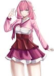 1girl absurdres alternate_costume blue_eyes breasts commentary_request cowboy_shot dress elysia_(honkai_impact) hanbok highres honkai_(series) honkai_impact_3rd korean_clothes korean_commentary large_breasts looking_at_viewer mixed-language_commentary pink_dress pink_hair pyeong_il red_dress simple_background smile solo thighs two-tone_dress white_background 