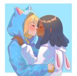  2girls amaryllis_(dr._stone) animal_ears animal_hood black_hair blonde_hair blue_background blue_choker blue_hoodie blush cat_ears cat_hood choker closed_eyes dark-skinned_female dark_skin dr._stone dreadlocks from_side highres holding hood hoodie implied_yuri interracial kiss kohaku_(dr._stone) koharyllis light_blush long_sleeves medium_hair multiple_girls rabbit_hood short_hair sidelocks simple_background very_dark_skin white_hoodie yuri 