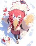  1girl absurdres arm_at_side arm_up beanie blue_archive blue_eyes blush_stickers boots bright_pupils brown_boots coat commentary_request day double-parted_bangs food food_in_mouth footprints foreshortening from_above hair_between_eyes halo hat heart highres holding holding_food long_bangs long_hair looking_at_viewer looking_up maki_(blue_archive) open_clothes open_coat outdoors patanda reaching reaching_towards_viewer red_hair red_halo red_shirt scarf shadow shirt snow solo standing taiyaki wagashi white_coat white_hat white_pupils white_scarf winter winter_clothes 