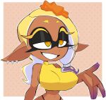 2025 4_fingers animal_humanoid big_breasts blonde_hair border breasts cephalopod cephalopod_humanoid clothing crop_top cross_pupils ear_piercing female fingers frye_(splatoon) grin hair half-length_portrait halter_top hi_res humanoid inkling marine marine_humanoid mollusk mollusk_humanoid navel nelljoestar nintendo piercing portrait pseudo_hair shirt small_waist smile solo splatoon squid_humanoid tentacle_hair tentacles topwear white_border yellow_clothing yellow_crop_top yellow_eyes yellow_shirt yellow_topwear