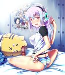  artificial_vagina bad_id bad_pixiv_id bed condom gradient_hair headphones highres inuga_anahoru multicolored_hair nitroplus no_bra panties red_eyes sitting solo striped striped_panties super_sonico tenga two-tone_hair underwear 