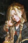  1girl blonde_hair braid capelet choker closed_mouth commentary commission dungeon_meshi elf english_commentary green_eyes highres long_hair marcille_donato nose pluvium_grandis pointy_ears red_choker solo upper_body 