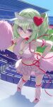  1girl absurdres amulet_heart amulet_heart_(cosplay) blush breasts ccmk5555 cleavage closed_mouth clover commentary_request cosplay crop_top cropped_shirt day dot_nose double-parted_bangs four-leaf_clover full_body green_hair grey_skirt hair_between_eyes hair_ornament hand_on_own_hip hand_up heart heart_hair_ornament highres holding holding_pom_poms korean_commentary large_breasts leg_warmers long_bangs looking_at_viewer medium_hair midriff miniskirt multicolored_hair navel outdoors pink_shirt pink_shoes pleated_skirt pom_pom_(cheerleading) purple_eyes shadow shirt shoes side_ponytail skirt smile sneakers solo split_mouth stadium standing stellive streaked_hair virtual_youtuber visor_cap white_leg_warmers 