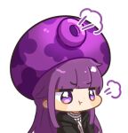  1girl :t black_coat blunt_bangs blush_stickers coat dress fern_(sousou_no_frieren) fume-shroom_(plants_vs._zombies) hashtag-only_commentary hat highres long_hair mushroom_hat plants_vs._zombies pout puff_of_air purple_eyes purple_hair purple_hat simple_background solo sousou_no_frieren upper_body v-shaped_eyebrows white_background white_dress yuiyo 