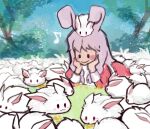  1girl :3 animal_ears blush closed_mouth commentary_request dress forest gobaku_no_hito hands_on_own_cheeks hands_on_own_face high_priest_(ragnarok_online) long_hair long_sleeves lowres lunatic_(ragnarok_online) lying nature on_stomach purple_hair rabbit rabbit_ears rabbit_girl ragnarok_masters ragnarok_online red_dress smile solid_circle_eyes solo too_many too_many_rabbits upper_body 