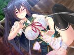  1girl black_hair black_thighhighs blue_bra blue_panties blush bra breasts chikubi_(artist) closed_mouth dress dutch_angle female_ejaculation game_cg hair_between_eyes hair_ornament hairclip half_updo kusarou lace-trimmed_bra lace_trim large_breasts long_hair looking_at_viewer mahou_shoujo_inori mamiya_inori non-web_source official_art one_side_up orgasm outdoors panties purple_eyes pussy_juice ribbon school_uniform see-through_clothes sitting solo spread_legs suggestive_fluid thighhighs underwear variant_set wet wet_clothes wet_dress wet_panties 