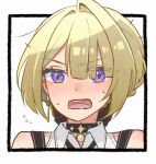  1girl bare_shoulders black_choker blonde_hair blush choker commentary_request earrings evelyn_chevalier flying_sweatdrops hair_intakes jewelry mole mole_under_eye open_mouth pendant_choker portrait purple_eyes shirt simple_background sleeveless sleeveless_shirt solo sun_(knp_ta1y0) sweat teeth upper_teeth_only white_background white_shirt zenless_zone_zero 