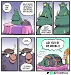 barefoot beard bed big_nose bodily_fluids clothing dress drooling dwarf dwarf_(merrivius) elf elf_(merrivius) elf_comic english_text facial_hair feet female from_behind_position furniture green_body green_clothing green_dress green_ears green_skin green_tusks group hair hi_res hug humanoid humanoid_pointy_ears humor inside long_hair male merrivius orange_hair orc orc_(merrivius) pointy_ears purple_beard purple_facial_hair saliva scar sex shovel sleeping snoring spoon_position teeth teeth_showing text tools trio vein viking_helmet yellow_sclera