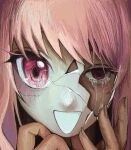  1other :d akiyama_mizuki broken_mask close-up commentary cracked_kawaii_mask cracked_mask crying crying_with_eyes_open highres long_hair mask other_focus pink_eyes pink_hair project_sekai smile solo tears ynykcx 