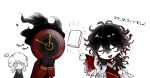  1boy 1girl 1other black_gloves black_hair blue_eyes chibi chibi_only chinese_commentary cloak clock closed_eyes colored_inner_hair commentary_request crossover curly_hair dante_(limbus_company) dante_alighieri_(fate) dante_alighieri_(second_ascension)_(fate) fate/grand_order fate_(series) faust_(project_moon) flaming_head gloves hands_up highres ivy_(675671) jacket limbus_company long_hair long_sleeves multicolored_hair object_head open_mouth project_moon red_hair red_jacket short_hair simple_background smile the_divine_comedy torn_clothes torn_sleeves trait_connection translated white_background white_cloak white_hair wide_sleeves 