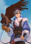  1boy bird blue_eyes blue_sky breath bridal_gauntlets bright_pupils cloud commentary_request day earrings falcon falconry falconry_glove fur-trimmed_sleeves fur_trim gachiakuta grey_hair hair_between_eyes highres iash jewelry long_sleeves looking_afar looking_ahead male_focus mongolian_clothes open_mouth outdoors ring short_hair sky solo tassel tassel_earrings undercut upper_body white_pupils wide_sleeves zanka_nijiku 