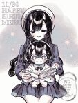  2girls absurdres aged_down beret black_eyes black_hair black_jacket black_skirt blush book character_name child commentary dated double-parted_bangs empty_eyes hair_between_eyes happy_birthday hat highres holding holding_book jacket kimi_no_koto_ga_dai_dai_dai_dai_daisuki_na_100-nin_no_kanojo long_hair long_sleeves multiple_girls ohananomitsu_high_school_uniform open_book pleated_skirt reading school_uniform short_hair simple_background sitting sitting_on_lap sitting_on_person skirt smile sparkle time_paradox watermark white_hat zarame_niboshi zetsubouda_meru 