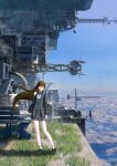  1girl 3d above_clouds absurdres antel_1811 arm_at_side blue_sky brown_hair brown_shoes building cloud commentary_request crane_(machine) day floating_city floating_hair full_body gears grass grey_eyes grey_hair grey_skirt grey_sweater hand_up highres jacket long_hair long_sleeves miniskirt open_clothes open_jacket original outdoors pleated_skirt radio_tower satellite_dish school_uniform science_fiction shoes skirt sky socks solo standing sweater white_socks 