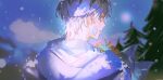  1boy bandage_on_cheek bandage_on_face bandages blue_eyes blue_hair blue_jacket casual daejeong-sik eyelashes from_behind holding holding_plant jacket looking_back male_focus messy_hair original parted_lips pine_tree plant potted_plant profile short_hair snowing solo tree 