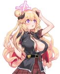  1girl :o aningay bad_id between_breasts black_jacket blonde_hair blue_archive breasts constricted_pupils cosplay demon_horns demon_wings double_bun girls'_frontline hair_bun halo hk23_(girls'_frontline) horns jacket junko_(blue_archive) junko_(blue_archive)_(cosplay) large_breasts long_hair looking_up necktie necktie_between_breasts no_bra open_clothes purple_eyes purple_halo red_necktie red_skirt skirt solo teeth upper_body upper_teeth_only white_background wings 