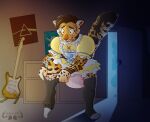 3_toes 5_fingers ageplay ambiguous_gender anthro artist_logo artist_name background_character bedroom blue_bow bow_ribbon brown_body brown_fur brown_hair brown_spots brown_tail brown_tail_tip canid canine caught_in_the_act clean_diaper clothed clothing detailed_background diaper dipstick_tail dress dresser dressing duo ears_down facial_markings feet felid femboy feminization fingers footwear frilly frilly_clothing frilly_dress fur furniture glistening glistening_eyes guitar hair head_markings heart_symbol hi_res jaguar jaguar_spots kembajaguar kottocotito leaning leaning_forward legwear logo mammal markings multicolored_body multicolored_fur multicolored_tail musical_instrument nevermind_(nirvana) nirvana on_one_leg open_mouth orange_body orange_fur orange_tail pantherine pink_diaper pink_floyd pivoted_ears plucked_string_instrument poster putting_on_socks red_inner_ear roleplay shocked socks spots spotted_body spotted_fur standing string_instrument tail tail_markings tan_body tan_fur tan_tail teeth text the_dark_side_of_the_moon_(album) thigh_highs thigh_socks toes wearing_diaper wide_eyed