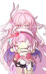  1girl absurdres black_shorts character_doll chinese_commentary commentary_request doll elysia_(herrscher_of_human:_ego)_(honkai_impact) elysia_(hi_love_elf)_(honkai_impact) elysia_(honkai_impact) hair_ornament highres holding holding_stuffed_toy honkai_(series) honkai_impact_3rd lishang81060 looking_at_viewer pink_hair purple_eyes shorts simple_background solo stuffed_toy white_background white_hair 