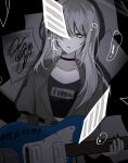  1girl absurdres black_background black_choker black_nails black_shirt brown_coat choker coat collarbone commentary electric_guitar falling_paper fender_jazzmaster girls_band_cry grey_eyes grey_hair guitar hair_between_eyes hamchan69 highres instrument kawaragi_momoka long_hair multicolored_hair nail_polish open_clothes open_coat open_mouth roots_(hair) sheet_music shirt solo 