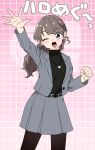  1girl ;d absurdres arm_up black_pantyhose black_sweater blush breasts brown_hair clenched_hand commentary cowboy_shot earrings fujishima_megumi fujishima_megumi_(post-graduation) gradient_background grey_jacket grey_skirt grid_background heart heart_necklace hellomegu! highres jacket jewelry kanzaki_gou link!_like!_love_live! long_hair looking_at_viewer love_live! medium_breasts miniskirt necklace one_eye_closed open_clothes open_hand open_jacket pantyhose pink_background pleated_skirt ponytail purple_eyes sidelocks skirt smile solo standing stud_earrings suit_jacket sweater turtleneck turtleneck_sweater virtual_youtuber 