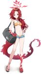  1girl absurdres bag bare_shoulders bikini black_bag black_horns blue_archive blue_shorts breasts closed_mouth collarbone colored_extremities criss-cross_halter dragon_girl dragon_tail flip-flops frown full_body halo halterneck hand_on_own_hip highres horns long_hair looking_at_viewer micro_shorts navel nemoga o-ring o-ring_top official_alternate_costume official_art orange_bikini peanut_mouth red_eyes red_feet red_hair red_halo red_hands renge_(blue_archive) renge_(swimsuit)_(blue_archive) sandals shorts shoulder_bag single_horn small_breasts smile solo standing stomach swimsuit tachi-e tail toenails 