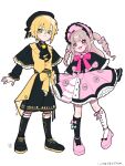  1boy 1girl :3 ankle_strap argyle_clothes argyle_socks ascot asymmetrical_legwear black_ascot black_bow black_capelet black_hat black_ribbon black_shirt black_shoes black_shorts black_sleeves black_socks blonde_hair blue_bow blunt_bangs blush bonnet bow bow_legwear brooch buttons capelet chinstrap closed_mouth collared_shirt colored_inner_hair commentary dress drill_hair fang flipped_hair footwear_bow frilled_bonnet frilled_capelet frilled_dress frilled_sleeves frills full_body green_eyes grey_hair hair_between_eyes hair_intakes hair_ornament hair_ribbon hairpin hat heart highres jewelry kimukimu_1122 long_hair long_sleeves looking_at_viewer magical_boy magical_girl makaino_ririmu mismatched_legwear multicolored_hair neck_ribbon nijisanji official_alternate_costume official_alternate_hairstyle open_mouth petticoat pink_bow pink_dress pink_hair pink_ribbon pink_shoes pink_streaks platform_shoes pointy_ears puffy_long_sleeves puffy_sleeves red_eyes red_ribbon ribbon shirt shoelaces shoes short_hair shorts sidelocks signature simple_background smile socks standing streaked_hair symbol-only_commentary two-tone_hair two_side_up uzuki_kou vest virtual_youtuber waist_ribbon white_background white_socks winged_heart x_hair_ornament yellow_ribbon yellow_vest 
