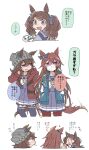 3girls :d animal_ears arm_behind_head arrow_(symbol) beanie beer_hsk blue_bow blue_jacket bow brown_hair brown_jacket candy chibi commentary_request ears_through_headwear food food_in_mouth grey_hat hair_between_eyes hair_bow hand_up hands_in_pockets hat highres holding hood hood_down hooded_jacket horse_ears horse_girl horse_tail jacket lollipop long_hair long_sleeves mask mouth_hold mouth_mask multiple_girls nakayama_festa_(umamusume) open_clothes open_jacket orfevre_(old_design)_(umamusume) pleated_skirt puffy_long_sleeves puffy_sleeves purple_eyes purple_shirt purple_skirt shirt simple_background skirt smile striped_clothes striped_headwear tail tosen_jordan_(umamusume) translation_request twintails umamusume vertical-striped_clothes vertical-striped_headwear very_long_hair white_background white_bow |_| 