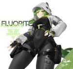  1girl absurdres arknights arknights:_endfield black_bodysuit bodysuit cameltoe character_name commentary_request covered_navel cowboy_shot fingerless_gloves fluorite_(arknights) from_below gloves green_eyes green_hair hair_between_eyes hand_on_own_hip highres hood hood_up hooded_jacket jacket long_sleeves looking_at_viewer medium_hair open_clothes open_jacket panzi_panzer parted_lips simple_background smile solo tail white_background white_jacket 