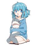  1girl :d aoi_tori barefoot blue_eyes blue_hair blue_hoodie blush_stickers braid drawstring fang full_body hair_between_eyes highres holding holding_stuffed_toy hood hood_down hoodie hugging_object long_sleeves looking_at_viewer one_side_up open_mouth original puffy_long_sleeves puffy_sleeves seiza shadow simple_background sitting sleeves_past_wrists smile solo stuffed_animal stuffed_shark stuffed_toy white_background 