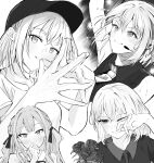  2girls bang_dream! bang_dream!_it's_mygo!!!!! baseball_cap closed_mouth commentary flower greyscale hashtag-only_commentary hat highres lilachinami long_hair medium_hair microphone misumi_uika monochrome multiple_girls one_eye_closed open_mouth rose sidelocks steam sweat togawa_sakiko wings 