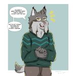 anthro black_claws black_ear_tips bottomwear brown_body brown_bottomwear brown_clothing brown_fur brown_pants cheek_tuft claws clothing dialogue dipstick_ears disney ear_markings facial_tuft felid feline fur green_background green_clothing green_sweater green_topwear grey_body grey_fur hands_together head_tuft looking_at_viewer lynx male mammal multicolored_ears pants pawbert_lynxley pink_nose pink_tongue roukanzayev short_tail simple_background smile solo speech_bubble sweater tail talking_to_viewer teeth tongue topwear tuft whisker_spots white_body white_fur yellow_eyes zootopia