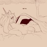 1:1 animal_ears bed bed_sheet bedding blush breasts cold-blooded-twilight crotch_breasts dialogue equid equine eyelashes feathered_wings feathers female female_feral feral friendship_is_magic front_view furniture hair hair_over_eye hasbro hi_res hooves horn looking_at_viewer lying mammal my_little_pony mythological_creature mythological_equine mythology nipples on_side pillow princess_celestia_(mlp) pupils quadruped smile solo tail text thick_thighs winged_unicorn wings