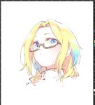  1girl art_program_in_frame blonde_hair blue_eyes blue_hair brown-framed_eyewear closed_mouth cropped_head curtained_hair glasses gradient_hair highres l9525 link!_like!_love_live! looking_at_viewer love_live! meme multicolored_hair official_alternate_costume osawa_rurino osawa_rurino_(summer_loungewear) parted_bangs semi-rimless_eyewear simple_background solo turtleneck under-rim_eyewear upward_angle_frieren_drawing_(meme) virtual_youtuber white_background 