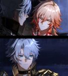  2boys absurdres antenna_hair armlet armor black_choker black_coat black_shirt blonde_hair blue_eyes blue_gemstone braid chinese_commentary choker coat commentary_request earrings facial_tattoo gem gold_earrings gold_necklace gradient_hair highres honkai:_star_rail honkai_(series) jewelry male_focus medium_hair multicolored_hair multiple_boys mydei_(honkai:_star_rail) neck_tattoo necklace parted_bangs pauldrons phainon_(honkai:_star_rail) qiaose33912 red_hair red_tattoo shirt short_hair shoulder_armor side_braid single_pauldron sun_symbol sun_tattoo tattoo white_hair yellow_eyes 