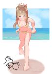  1girl :/ animal_ears artist_name bare_shoulders barefoot beach bikini bikini_pull blunt_bangs blush border breasts brown_hair cat_ears cat_girl cat_tail cleavage clothes_pull cloud cloudy_sky collarbone day embarrassed highres leaning_forward leg_up long_hair looking_at_viewer medium_breasts navel nose_blush ocean original outdoors outside_border pulling_own_clothes red_eyes signature sky solo swimsuit tail totomoto white_border yellow_bikini 