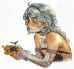  1girl bare_shoulders blue_eyes blue_hair braid braided_ponytail closed_mouth clothing_cutout cropped_torso detached_sleeves flower_hairpin from_side gloves hair_ornament hairpin hashtag-only_commentary holding holding_plant long_hair mole mole_on_shoulder plant qurravis see-through_dress_layer seed_(zenless_zone_zero) side_cutout simple_background solo sprout tears upper_body white_background white_gloves zenless_zone_zero 