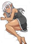  1girl absurdres bare_shoulders barefoot black_negligee blue_eyes blush dark-skinned_female dark_elf dark_skin elf embarrassed grey_hair highres karla_(kono_healer_mendokusai) kono_healer_mendokusai lingerie long_hair looking_at_viewer lying negligee official_art on_side pointy_ears shiny_skin solo tannen_ni_hakkou underwear white_background 