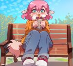 2024 anthro autumn bench biped blush blush_lines bottomwear canid cheek_tuft chewing clothed clothed_anthro clothed_female clothing day denim denim_bottomwear denim_clothing detailed_background ear_piercing ear_ring eating eating_food eyelashes facial_tuft female female_anthro flower food footwear front_view fur garyu410 hair holding_food holding_object jeans mammal narrowed_eyes on_bench outside pants park park_bench piercing pink_hair plant raised_foot ring_piercing shoes signature sitting sitting_on_bench sky sneakers solo sweater tail teal_eyes topwear tuft