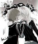  2girls anger_vein classroom closed_eyes closed_mouth commentary earclip girls_band_cry hamchan69 highres hood hood_down iseri_nina kawaragi_momoka kiss long_hair low_twintails multiple_girls short_hair short_twintails sidelocks spoken_anger_vein sweater twintails yuri 