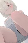  1girl black_panties clothes_pull grey_eyes grey_shorts hair_over_one_eye highres hiroki_(yyqw7151) looking_at_viewer original panties shirt short_hair shorts shorts_pull simple_background sitting solo underwear white_background white_hair white_shirt 
