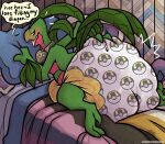 2022 2_fingers 3_toes ambiguous_gender anthro artist_logo bed big_diaper blush blush_lines clothed clothing collar collar_tag dialogue diaper diaper_fetish ellipsis english_text excessive_feces feces feet fingers furaffinity_handle furniture generation_3_pokemon green_body green_tail grovyle hand_on_diaper heart_collar_tag hi_res holding_object holding_pillow hyper hyper_feces hyper_soiling leaf lock_symbol logo looking_back lying nintendo on_bed on_front open_mouth open_smile pillow pokeball pokeball_print pokemon pokemon_(species) pooping red_body smile soiled_diaper soiling soiling_diaper solo speech_bubble subdivisions tail text tilde_after_text toes touching_diaper ultra_ball unclean_diaper url used_diaper wearing_diaper yuukari