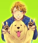  blonde_hair blue_eyes blue_jacket bomber_jacket dog double_v jacket john_(tiger_&amp;_bunny) keith_goodman male_focus morino_mizu one_eye_closed tiger_&amp;_bunny v 