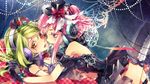  2girls arm_garter bad_id bad_pixiv_id black_gloves blonde_hair bow brown_eyes crown dress eyelashes gloves hairband hat headphones holding_hands indie_utaite interlocked_fingers lying magnet_(vocaloid) mini_crown mini_hat mini_top_hat multiple_girls on_back on_stomach photoshop_(medium) pink_hair purple_eyes reika_(clovia_studio) short_hair thighhighs top_hat utaite vocaloid yuri 
