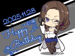  1girl ;) arm_under_breasts artist_name assault_lily belt black_background black_belt black_gloves black_shoes blue_gemstone blue_skirt blush breasts brown_hair brown_pantyhose chibi cleavage closed_mouth commentary dated floral_print full_body gem gem_hair_ornament glasses gloves grey-framed_eyewear grey_background hair_ornament happy_birthday highres hotaru_(ultraroly_poly) jewelry lab_coat long_sleeves looking_at_viewer medium_breasts medium_hair miniskirt nakahara_mary_tomoyo necklace one_eye_closed pantyhose parted_bangs partially_fingerless_gloves pencil_skirt pendant print_pantyhose purple_eyes shirt shoes sidelocks single_glove skirt smile solo standing standing_on_one_leg white_background white_shirt 