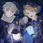  2boys ahoge america_(hetalia) ascot axis_powers_hetalia beret blonde_hair blue_ascot blue_bow blue_bowtie blue_eyes blue_hat blue_jacket blush bow bowtie chain collared_jacket commentary_request frills glasses gloves gold_chain grey-framed_eyewear grey_hair hair_between_eyes hand_up hands_up harutoro_39487 hat hat_ornament highres holding holding_lantern jacket lantern lapels long_sleeves looking_at_viewer male_focus multiple_boys open_clothes open_jacket open_mouth purple_eyes russia_(hetalia) semi-rimless_eyewear short_hair smile star_(sky) star_(symbol) star_hat_ornament star_ornament starry_sky_background starry_sky_print striped_bow striped_bowtie striped_clothes teeth white_gloves 