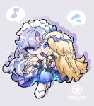  2girls artist_logo bare_shoulders blonde_hair blue_eyes blush cantarella_(wuthering_waves) carrying cartethyia_(wuthering_waves) chibi chibi_only closed_mouth commentary_request crown_of_thorns dog-san earrings flying_sweatdrops grey_background headdress high_heels highres jewelry logo long_hair looking_at_another multiple_earrings multiple_girls musical_note one_eye_closed pointy_ears princess_carry purple_hair shoes sidelocks simple_background smile spoken_flying_sweatdrops spoken_musical_note white_shoes wuthering_waves 
