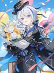  1boy balloon belt black_gloves blue_eyes blue_sky blue_streak book bouquet brooch cape chain cloud coat colorful_background commentary_request confetti earrings fantasy_outfit feathered_hat flower flower_bouquet full_body gloves hat highres holding holding_bouquet holding_flower indie_virtual_youtuber jewelry kleinod_(vtuber) looking_at_viewer multicolored_hair multiple_balloons namiki_itsuki open_mouth outdoors pocket_watch ribbon_hat rose short_hair single_earring sky smile solo standing streaked_hair streamers watch white_flower white_hair white_rose yellow_flower 