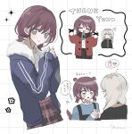  2girls animal_ears black_jacket black_sweater blue_eyes blue_jacket blush brown_hair censored censored_gesture closed_mouth commentary dog_ears dog_girl dog_tail double_middle_finger girls_band_cry hamchan69 highres holding_hands iseri_nina jacket kawaragi_momoka kemonomimi_mode long_sleeves low_twintails middle_finger multiple_girls open_mouth red_jacket short_hair short_twintails sleeves_past_wrists steeple sweater tail translation_request twintails 