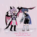  2boys :< aracanthus38633 armor artist_name belt black_belt black_bodysuit black_boots black_horns black_shorts black_tail blue_cape blue_kimono blunt_ends blush bodysuit boots bow bridal_gauntlets brown_sandals cape closed_eyes closed_mouth coat coattails commentary crossed_bangs dragon_boy dragon_horns dragon_tail dragon_wings english_commentary english_text facial_mark facing_to_the_side feathers forehead_mark furisode genshin_impact gloves gold grey_bridal_gauntlets grey_coat grey_hair hair_between_eyes heart heart_facial_mark horns japanese_armor japanese_clothes juban kimono kote kurokote leg_warmers looking_at_another mini_durin_(genshin_impact) mini_durin_(human)_(genshin_impact) multiple_boys open_clothes open_coat open_kimono open_mouth outdoors pants pink_background pom_pom_(clothes) purple_bow purple_hair purple_sash purple_vest rain red_coat red_wings sandals sash scaramouche_(genshin_impact) shorts tail two-sided_coat two-sided_fabric vest wanderer_(genshin_impact) white_gloves white_kimono white_leg_warmers white_mouth white_pants white_sleeves wing_umbrella wings yellow_feathers 