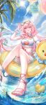  1girl absurdres alternate_costume bare_shoulders beach belt bikini blue_bikini blue_sky breasts commentary_request elf elysia_(herrscher_of_human:_ego)_(honkai_impact) elysia_(honkai_impact) eyewear_on_head floating floating_object french_text hair_between_eyes hair_ornament hairclip highres honkai_(series) honkai_impact_3rd hulai_de_gou_sheng innertube jewelry large_breasts long_hair looking_at_viewer nail_polish navel necklace palm_tree pearl_necklace pink_eyes pink_hair pointy_ears rubber_duck sample_watermark sandals sitting sitting_on_object sky solo summer sunlight swim_ring swimsuit toenail_polish toenails tree watermark 