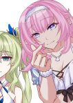  2girls absurdres bikini blue_eyes breasts cleavage commentary_request elf elysia_(honkai_impact) elysia_(miss_pink_elf)_(honkai_impact) elysia_(summer_miss_elf)_(honkai_impact) green_hair hairband highres honkai_(series) honkai_impact_3rd jewelry korean_commentary large_breasts long_hair looking_at_viewer mobius_(daughter_of_corals)_(honkai_impact) mobius_(honkai_impact) multiple_girls necklace official_alternate_costume official_alternate_hairstyle pink_hair pointy_ears pyeong_il scrunchie shell shell_necklace simple_background slit_pupils swimsuit twintails very_long_hair white_background white_bikini white_hairband wrist_scrunchie 